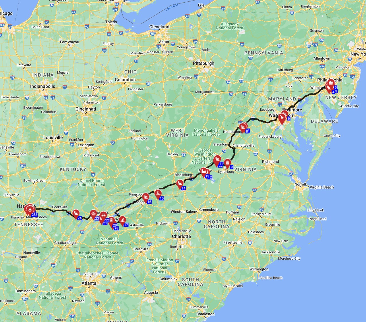 USA RV route from Philadelphia to Nashville camper trip planner